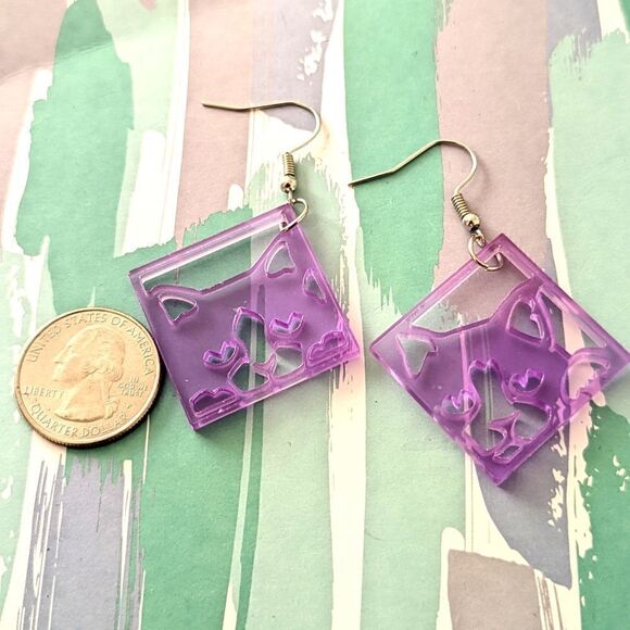 Kitty Cat Blue Black or Purple Square Geometric Dangling Hook Earrings - Picture 4 of 9